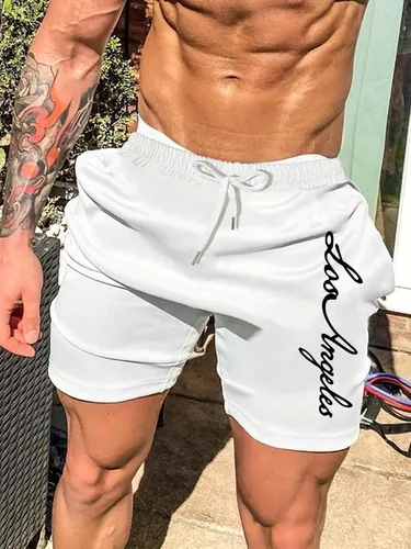 Vista 5 de Floerns Pantalones cortos de entrenamiento con estampado gráfico de letras y cintura con cordón para hombre