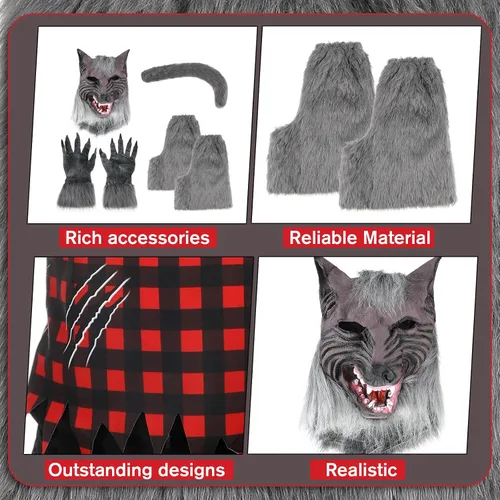 Vista 2 de Jeyiour Paquete de 6 disfraces de hombre lobo de Halloween con parte superior a cuadros rojos, capucha y guantes para colmillos para fiesta
