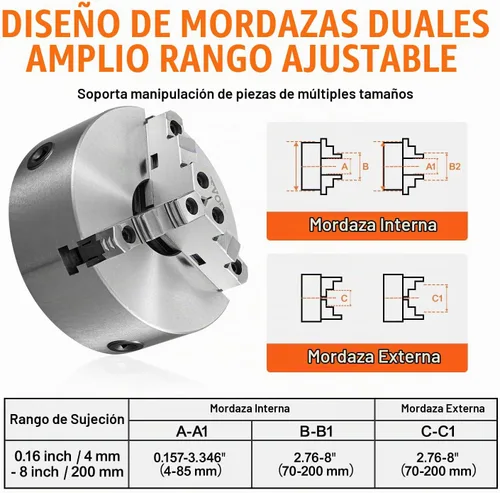 Vista 4 de VEVOR - Portabrocas para torno de 3 mandíbulas, 20,32 cm, Portabrocas autocentrante para torno, Rango de sujeción de 0,16-8 pulg/4-200 mm
