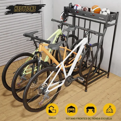Vista 7 de Soporte de 3 bicicletas estable para bicicletas, garaje con cestas de almacenamiento para interiores, estante de almacenamiento de bicicletas