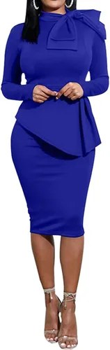 Vista 2 de WanMem Vestido de cóctel formal ajustado con péplum para mujer, manga corta, con lazo, volantes, vestido de tubo para fiesta