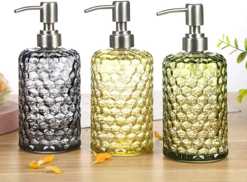 Vista 7 de YunNasi Dispensador de jabón líquido de 17 onzas, dispensador de jabón de vidrio y boquilla de acero inoxidable para baño, inodoro o cocina (verde)