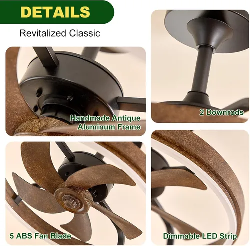 Vista 7 de Farmhouse Fandelier Retro Ceiling Fan with Light, 20" Rustic Brown Dimmable LED Chandelier Ceiling Fans, Low Profile Smart Bladeless Ceiling Fan