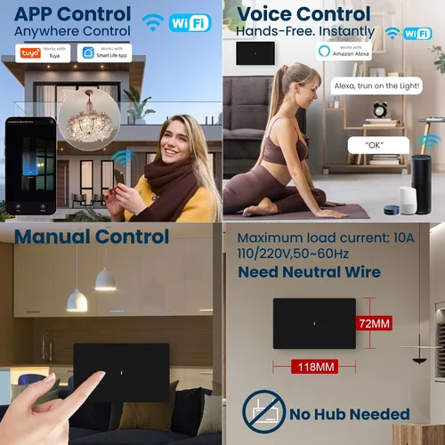 Vista 5 de Interruptor de luz inteligente requiere cable neutro, certificado FCC, interruptor de botón de presión WiFi de 2.4GHz compatible con Alexa, control