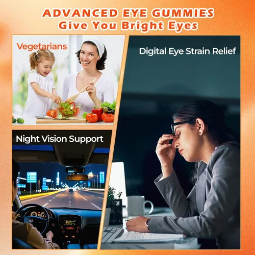 Vista 3 de Gomitas de luteína (60 gomas). Gomitas para ojos con luteína (28.5 mg), zeaxantina y vitamina A (paquete de 30 días), sabor naranja, vegano, sin