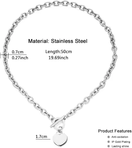 Vista 2 de WangGao Elegent Love - Cadena de eslabones de acero inoxidable en blanco con dije de corazón para mujer, cierre de palanca, Metal