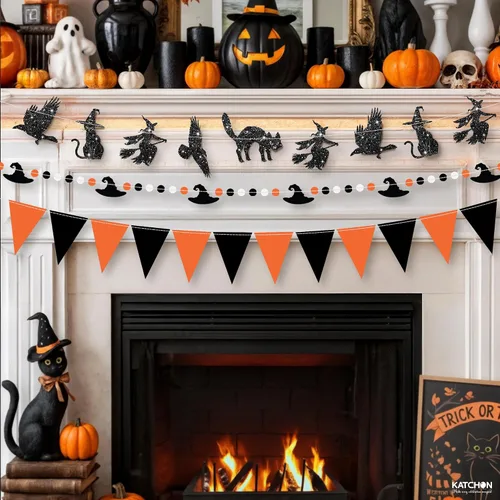 Vista 4 de KatchOn, Guirnalda de Halloween naranja y negra con purpurina, 10 pies, paquete de 3, banderines para decoraciones de Halloween, guirnalda