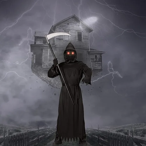 Vista 6 de Disfraz de Grim Reaper con ojos rojos brillantes para niños, incluye guadaña