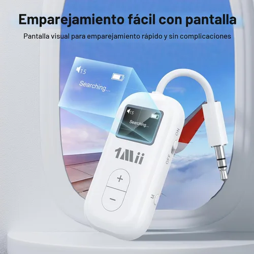 Vista 4 de 1Mii SafeFly Dual Adaptador Bluetooth de avión para AirPods o auriculares, transmisor Bluetooth con pantalla, control de volumen, aptX adaptable