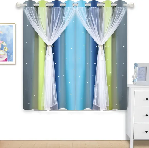 Vista 26 de Cortinas de rayas de estrellas para dormitorio de niñas, cortinas huecas para ventana, cortinas de ventana con ojales, cortinas coloridas degradadas