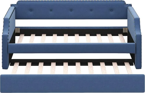 Vista 4 de Sofá cama tapizada con nido, sofá cama de tamaño individual con soporte de listones de madera, marco tapizado de madera para sala de estar, no Azul-2