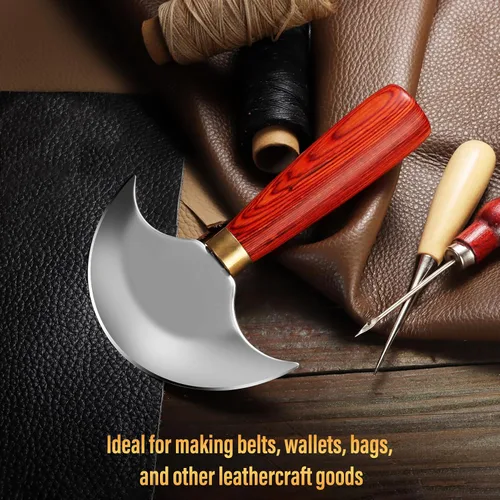 Vista 2 de Cuchillo de cuero Coowolf con mango de madera, herramientas de trabajo de cuero para cortar, pelar y recortar