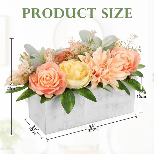 Vista 2 de DILATATA Arreglo floral con jarrón de madera, flores artificiales de 10 pulgadas en maceta, flores falsas en jarrón rectangular de madera blanco