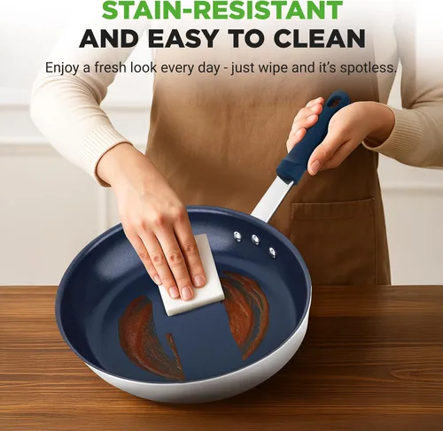 Vista 5 de NutriChef Sartén antiadherente con revestimiento de cerámica de 10 pulgadas, sartén de aluminio con mango de silicona, resistente a las manchas