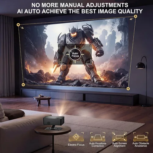 Vista 5 de Proyector para exteriores con WiFi y Bluetooth, brillo 3000, proyector inteligente portátil con aplicaciones oficiales con licencia y enfoque