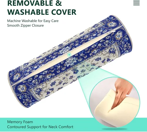 Vista 4 de Blue and White Orcelain Floral Cervical Roll Pillow, 17" Neck Support Bolster Pillow, Round Pillow for Sleeping Support and Pain Relief, with