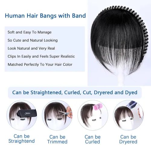 Vista 7 de G&T - Flequillo con clip para el cabello humano, flequillo delgado con fleco de diamantes de imitación, extensiones de cabello para mujer, flequillo