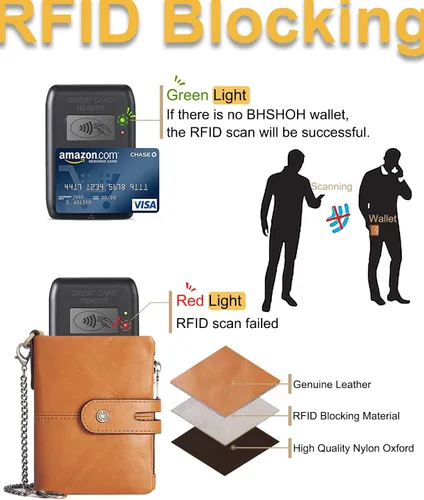 Vista 4 de Billetera con cadena para hombre, de piel auténtica, con bloqueo RFID, monedero de doble cremallera con bolsillo para monedas, Marrón, Cartera