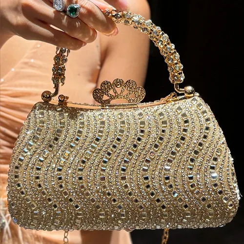 Vista 6 de Bolso de mano de noche con diamantes de imitación de cristal para mujer con cierre de corona de asa dorada, cadena desmontable formal para gala