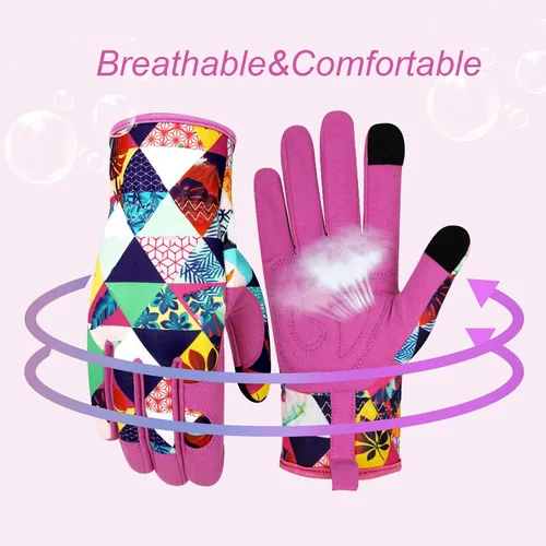 Vista 4 de Guantes de jardinería de cuero para mujer, guantes de jardín a prueba de espinas, diseño de pantalla táctil, guantes de trabajo resistentes
