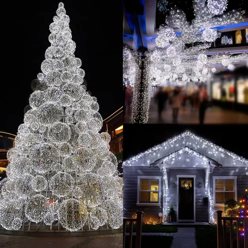 Vista 3 de Twinkle Star Guirnalda de luces de Navidad que funcionan con pilas, 100 luces LED impermeables de alambre plateado, control remoto y 8 modos