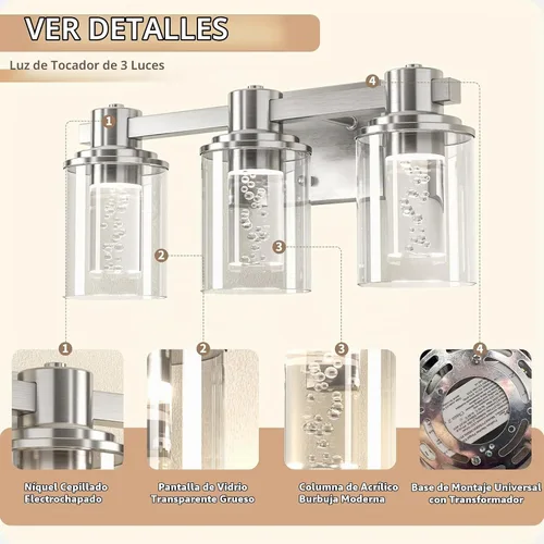 Vista 4 de Quntis Lámparas de baño de níquel cepillado con 5 modos de color, lámpara de tocador de baño moderna regulable de 3 luces sobre espejo, lámpara