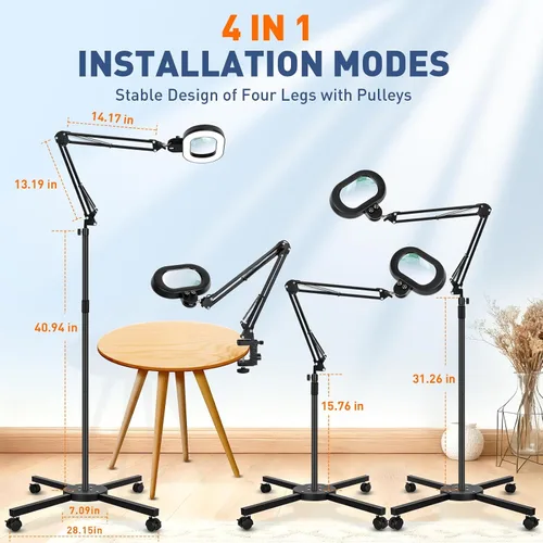 Vista 8 de KIRKAS Lupa de piso grande 12X con luz y soporte, color infinito regulable 2 en 1 lámpara de lupa iluminada para trabajo cercano, lectura