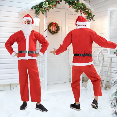 Vista 2 de PORRUNNY Disfraz de Papá Noel para hombre, cómodo disfraz de Papá Noel con sombreros, barba, tops, pantalones, cinturones, traje de Santa Claus