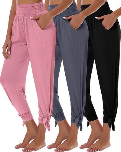 Vista 2 de 3 piezas de pantalones de yoga de pierna ancha para mujer, pantalones de descanso de cintura alta con bolsillos, pantalones deportivos de yoga