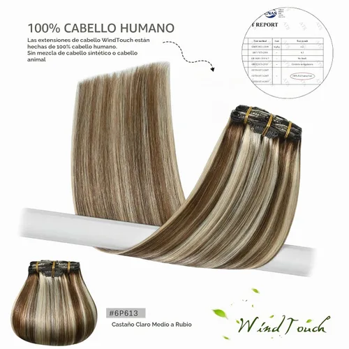 Vista 5 de WindTouch - Extensiones de cabello humano real con clip, color marrón claro a rubio con reflejos #6P613, 22 pulgadas, 4.33 onzas, 7 piezas #6p613