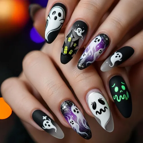 Vista 19 de Uñas postizas a presión de Halloween, uñas postizas de almendra, cobertura completa, uñas postizas rojas con diseños de gotas de sangre, punta 14