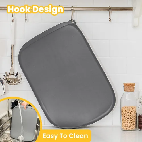 Vista 4 de Tapete de silicona para comida para perros con bolsillo lateral y agujero de gancho, bordes elevados suaves, fácil de limpiar, impermeable, Gris