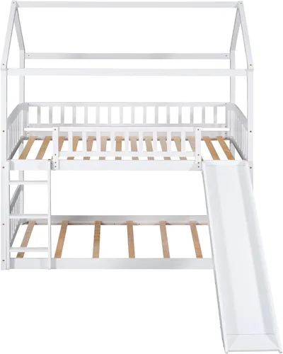 Vista 3 de Harper & Bright Designs Literas de casa para niños con tobogán, marco de litera de madera individual sobre cama individual con escalera