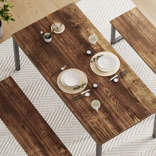 Vista 7 de soges Juego de mesa de cocina con 2 bancos, juego de mesa de comedor para 4, mesa de comedor de 3 piezas y bancos largos, juego de mesa de café