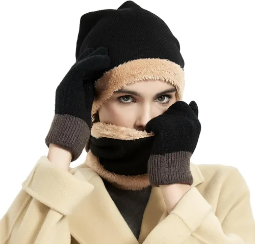 Vista 3 de Conjunto de gorro y bufanda de invierno cálido y elegante gorro de punto para hombres y mujeres