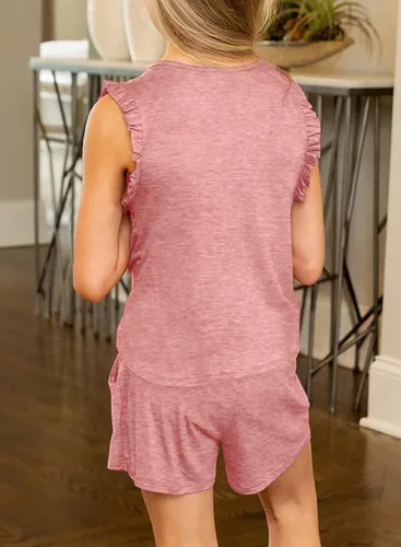 Vista 3 de Conjunto de camiseta y pantalones cortos de verano para niñas con bolsillos laterales