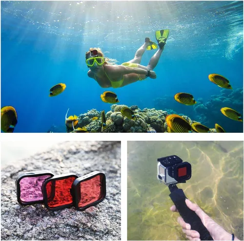 Vista 7 de SOONSUN Paquete de 3 filtros de buceo para GoPro Hero 8, 9, 10, 11, carcasa impermeable oficial, color rojo, rojo claro, filtros magenta, mejora