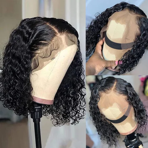 Vista 2 de Recomtic Pelucas rizadas Bob de cabello humano corto frontal 13x4, pelucas de encaje frontal lisas y onduladas para mujeres negras, cabello humano