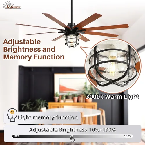 Vista 2 de Sofucor - Ventilador de techo de granja de 66 pulgadas con luces y control remoto, ventilador de techo moderno con jaula y motor CC reversible
