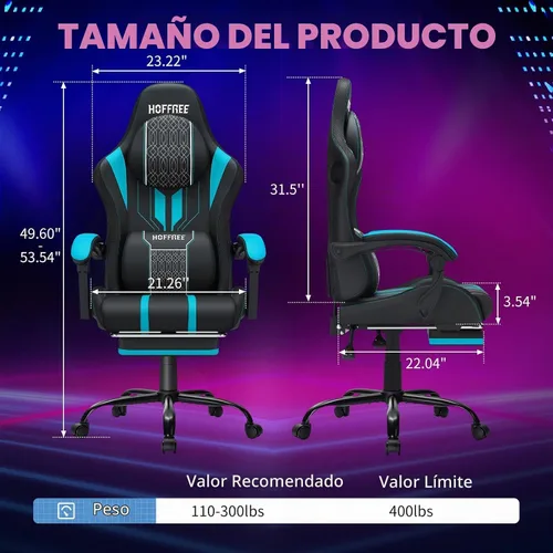 Vista 2 de HOFFREE Silla LED para juegos con altavoces, silla de computadora grande y alta con luces RGB, silla de juego Bluetooth con reposapiés, sillas