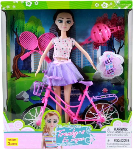 Vista 7 de Juego de muñeca morena con equipamiento deportivo y bicicleta rosa púrpura