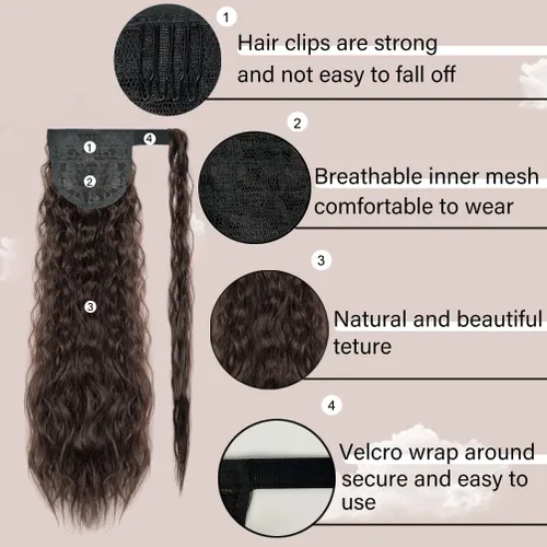 Vista 3 de rosmile Extensión de cola de caballo con ondas de maíz, alrededor de 26 pulgadas de largo, rizada, ondulada, extensión de cola de caballo sintética