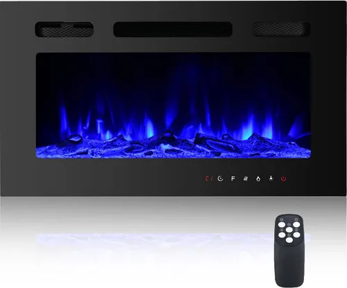 Vista 9 de Chimenea eléctrica montada en la pared y empotrada de 30 pulgadas con control remoto temporizador de 8 horas, 12 llamas, pantalla táctil, calentador