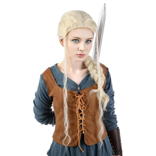 Vista 4 de MUPUL Peluca rubia larga trenzada para disfraz de ciri, para mujer, fiesta de Halloween, cosplay, accesorios de disfraz