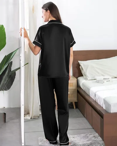 Vista 5 de AW BRIDAL Juego de 4 pijamas de satén a juego para parejas, pijamas de seda suave de manga corta para mujeres, hombres, parejas, regalos para señor
