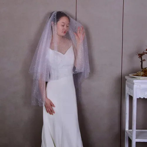 Vista 4 de ULAPAN Velo de novia de boda de 2 niveles de tul suave con perla longitud de los dedos con peine