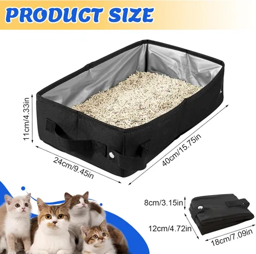 Vista 2 de Caja de arena plegable para gatos, caja de arena de viaje portátil para gatos con forro impermeable, ligera y fácil de limpiar, bandeja de arena