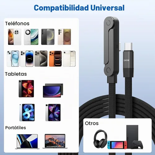 Vista 7 de Paquete de 3 cables USB C a USB C con soporte de teléfono integrado en ángulo recto de 90°, 240 W, 5 pies, cable de carga rápida trenzado de nailon