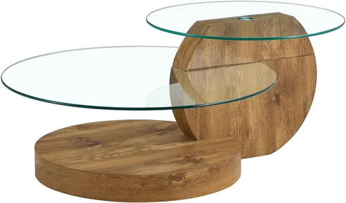 Vista 13 de Ebullient Mesa de centro redonda moderna de cristal, 3 niveles con base de madera, mesa central geométrica para sala de estar, muebles de acento