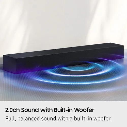 Vista 3 de Samsung Barra de sonido HW-B400F Serie B, 2.0 canales con woofer incorporado, mejora de voz y modo nocturno, expansión de sonido envolvente